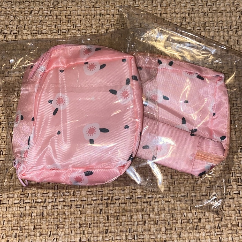 Women 2 Piece Purse Travel Pouch for Makeup pink flowers Small Cosmetic Bag